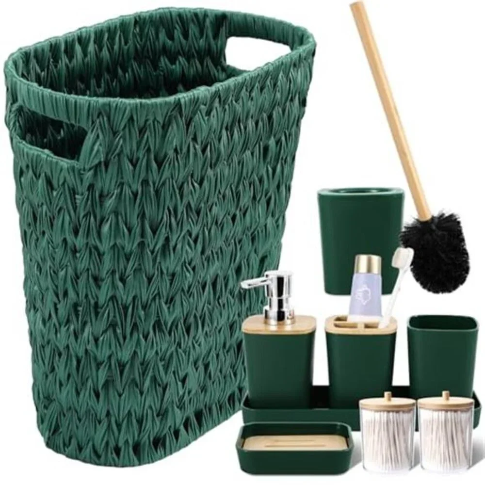 Dark Green Bathroom Accessories Set Wicker Trash Can Soap Dispenser Toothbrush